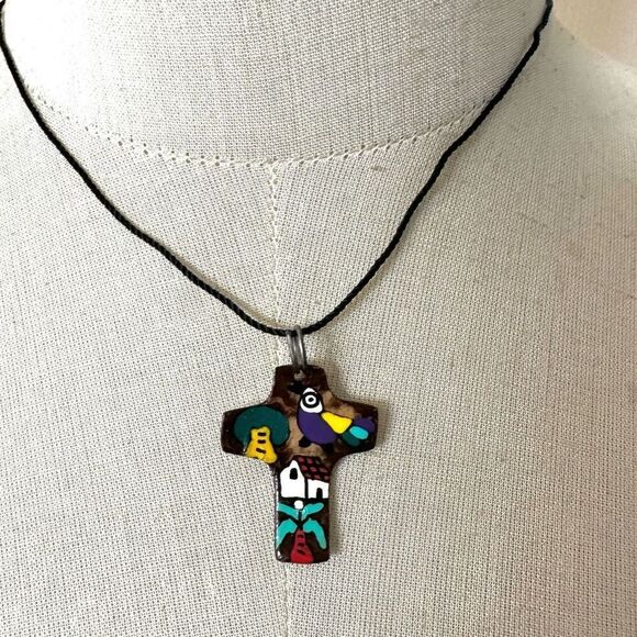 Coconut shell hand painted cross pendant necklace on cord - Picture 2 of 6